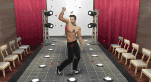 a man in a tuxedo is dancing on a runway
