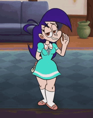 a cartoon girl with purple hair is standing in a living room