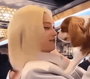 a woman is holding a dog in her arms and the dog is sniffing the woman 's face .