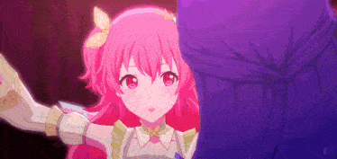 a girl with pink hair is standing next to a girl with purple hair in a video game .