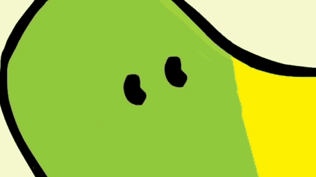 a cartoon drawing of a green and yellow object with two eyes .