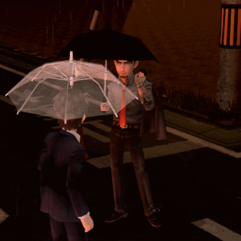 a man in a suit holds an umbrella over another man in a tie