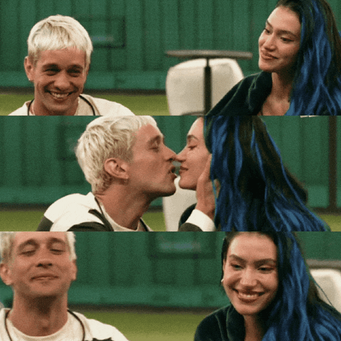 a man kisses a woman on the cheek in a collage of images