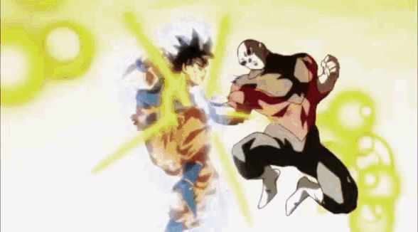 a cartoon of goku and jiren fighting each other in a boxing match .