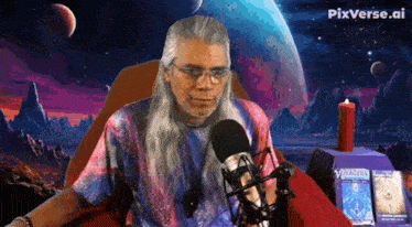 a man with long hair is sitting in front of a microphone with pixverse.ai written on the bottom