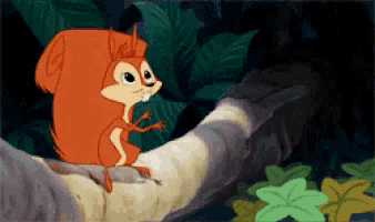 a cartoon squirrel is sitting on a tree branch in the woods
