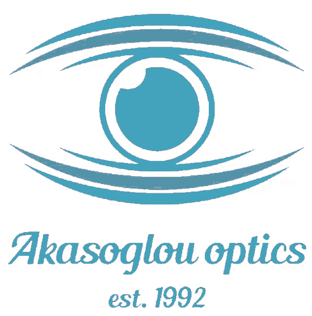 a logo for akasoglou optics with an eye in the center