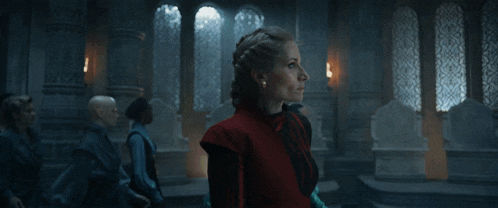 a woman in a red dress stands in front of a group of people and says " say drake ... "