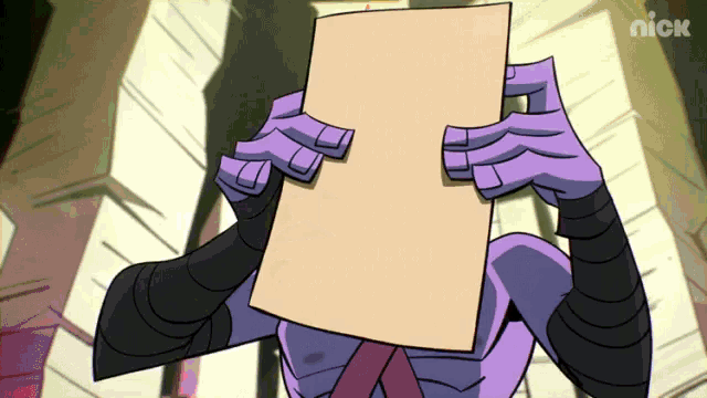 a cartoon character holding a piece of paper in front of his face with nick written on the bottom
