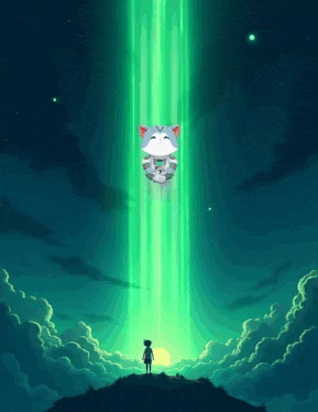 a girl stands on a hill watching a cat flying through the air