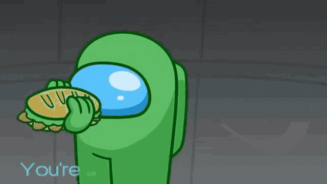a green among us character is holding a pie and says you 're a sneaky little impostor !