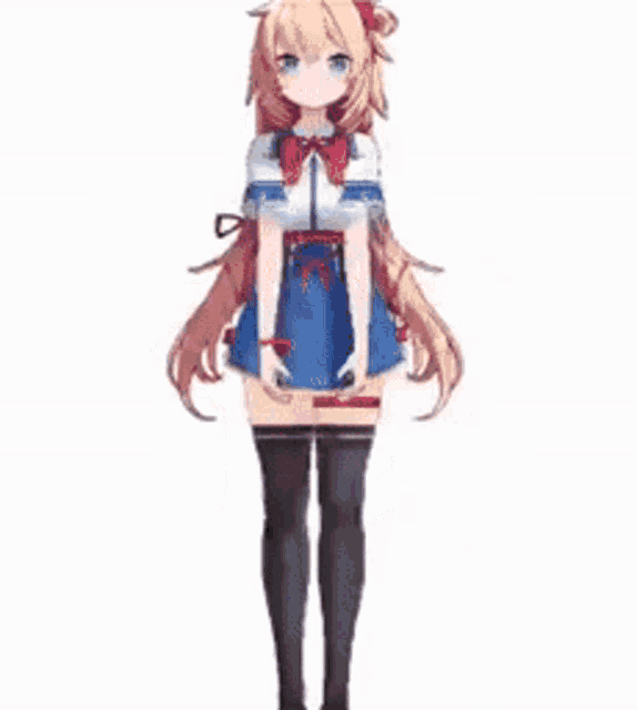 a girl is dancing in a blue dress and black thigh high socks .