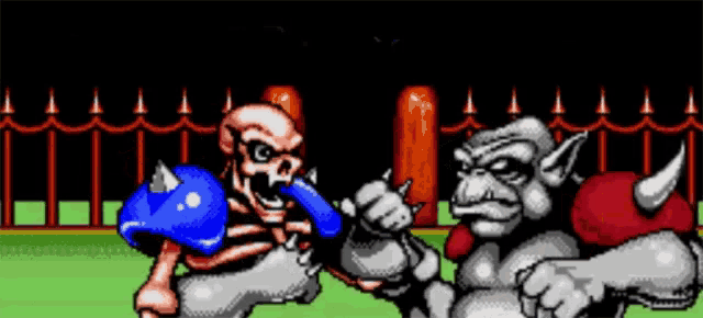 a skeleton and a gargoyle are fighting in a video game .