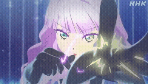 a girl with purple hair and blue eyes is holding a black object in her hands .