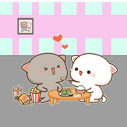 two cartoon cats are sitting at a table eating food and drinking chips