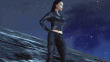 a woman in a black leather jacket stands in front of a full moon .