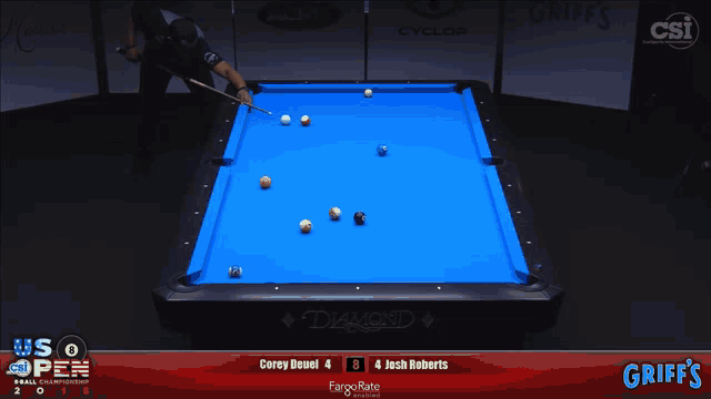 a pool table with a blue cloth and a man playing pool