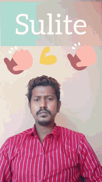 a man in a red striped shirt stands in front of a poster that says sulite