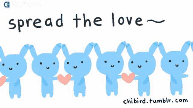 a bunch of blue rabbits holding hearts with the words " spread the love " below them