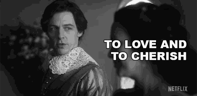 a black and white photo of a man and a woman with the words to love and to cherish below them