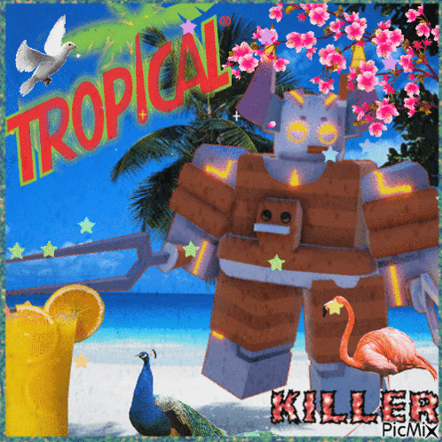 a picture of a robot on a beach with the words tropical killer
