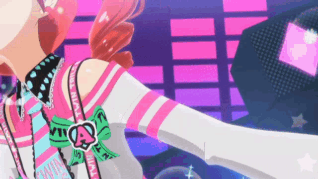 a girl with red hair is wearing a pink and white outfit with the word viva on the sleeves