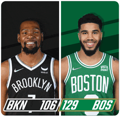 two basketball players from brooklyn and boston are shown