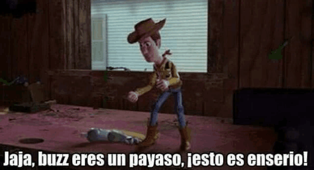 woody from toy story is standing on a table with a bottle on the floor .