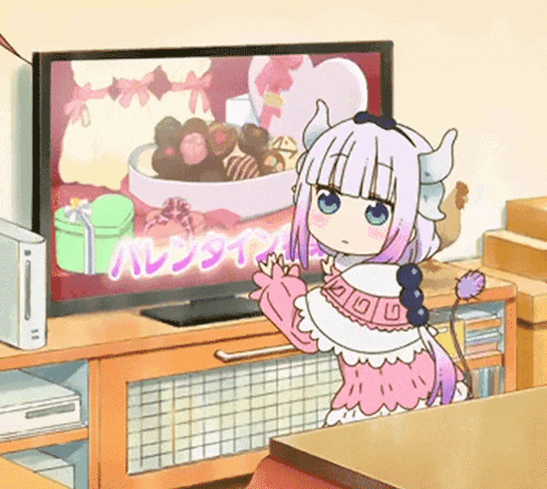 a cartoon girl with horns is standing in front of a tv screen that says valentine 's day in japanese