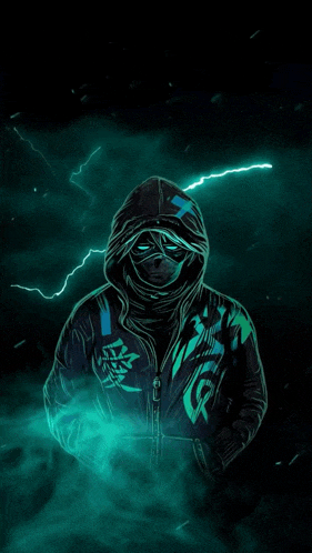 a man in a hoodie with a mask on his face is standing in front of a lightning storm .