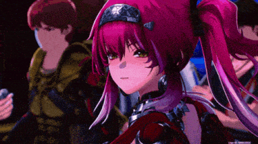 a girl with pink hair and a crown on her head looks at the camera