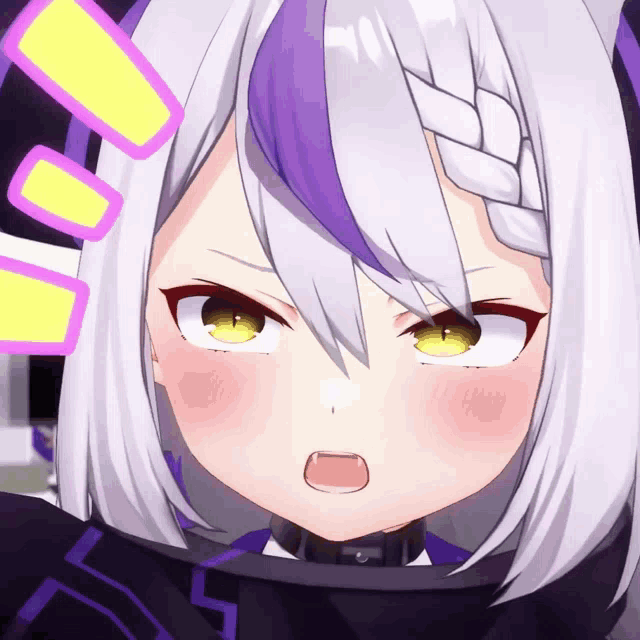a close up of a anime character with white hair and purple streaks