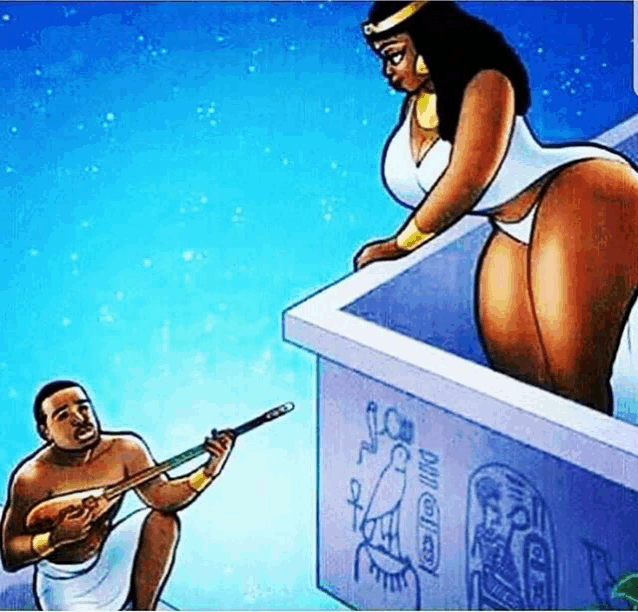 a cartoon of a man playing a guitar next to a woman in a bikini .