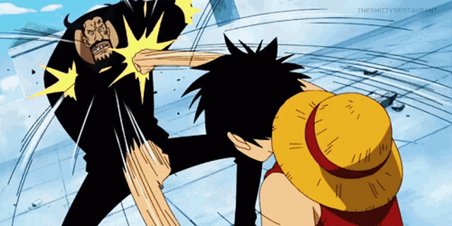 a cartoon of monkey d luffy being punched by a giant