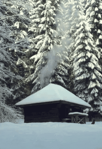 smoke coming out of the chimney of a snow covered cabin