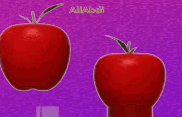 two red apples are on a purple background with the name aliabadi