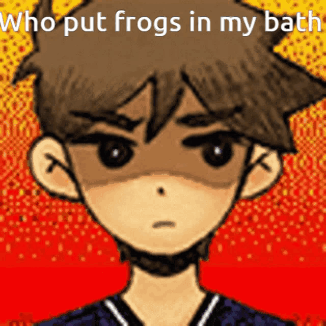 a drawing of a boy with the words who put frogs in my bath above him