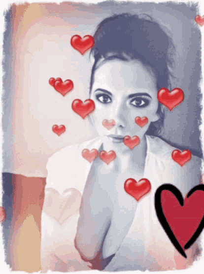 a woman is surrounded by red hearts and a black heart in the corner