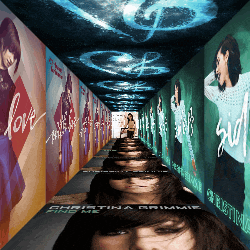 a long hallway with posters of christina grimmie along the walls