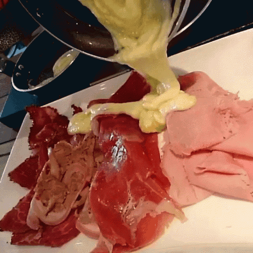 a white plate topped with sliced meat and cheese