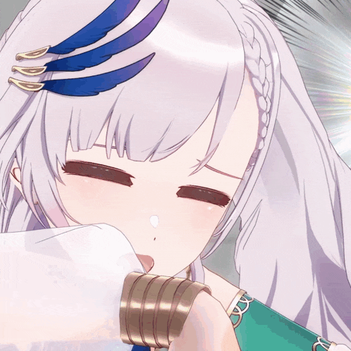 a close up of a anime girl with white hair and blue feathers on her head