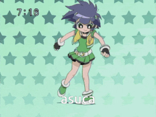 a cartoon character named asuca is dancing on a green background with stars