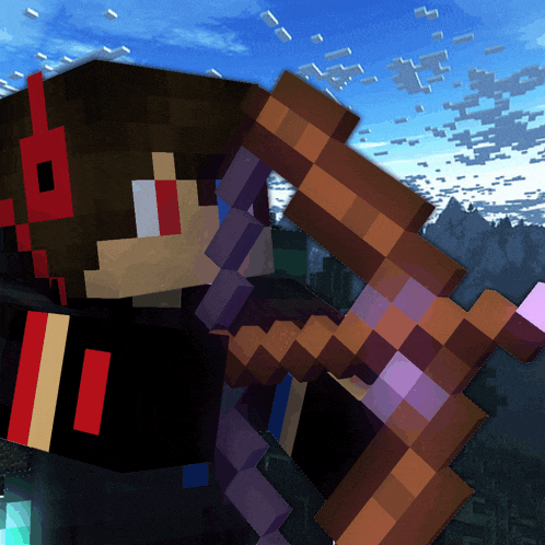 a minecraft character is holding a sword and a bow