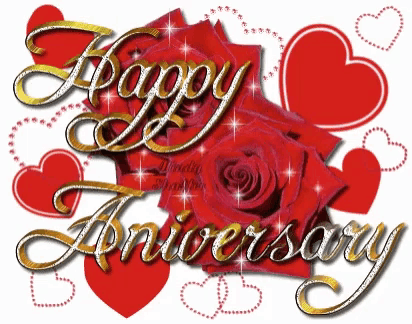 a happy anniversary graphic with red roses and hearts