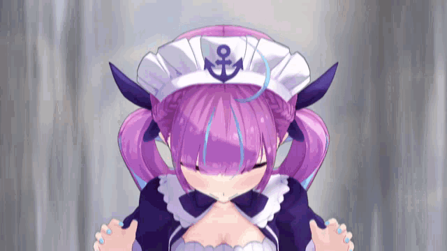a girl with purple hair and an anchor on her hat