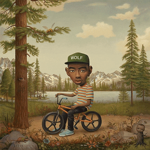 a painting of a boy on a bike with a wolf hat on
