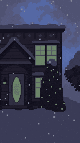 a pixel art drawing of a house with snow falling