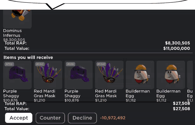 a screenshot of dominus infernus showing items you will receive and total value