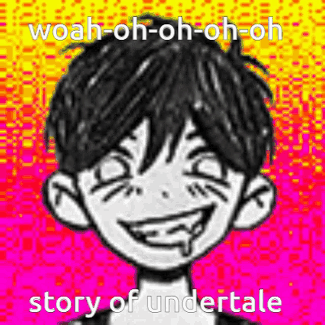 a black and white drawing of a boy with a smiley face and the words `` woah oh oh oh oh story of undertale ''