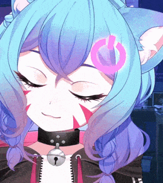 a close up of a girl with blue hair and a pink power button on her head